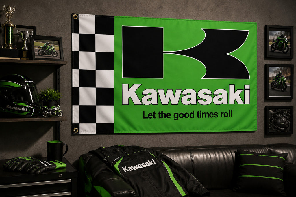 Kawasaki Racing Checkered Green Flag Banner 3x5 Ft Motorcycle Garage Wall Decor