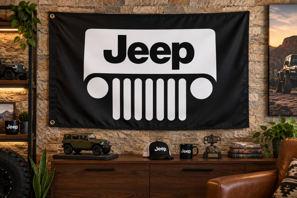 Jeep Black Logo Flag Banner 3x5 ft Garage Wall Decor Man Cave