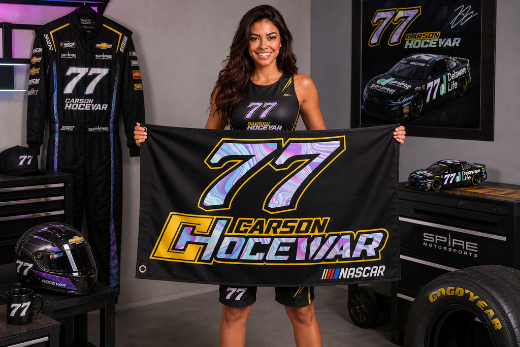 Carson Hocevar #77 NASCAR Racing Flag Banner 3x5 Ft Man Cave Garage Wall Decor