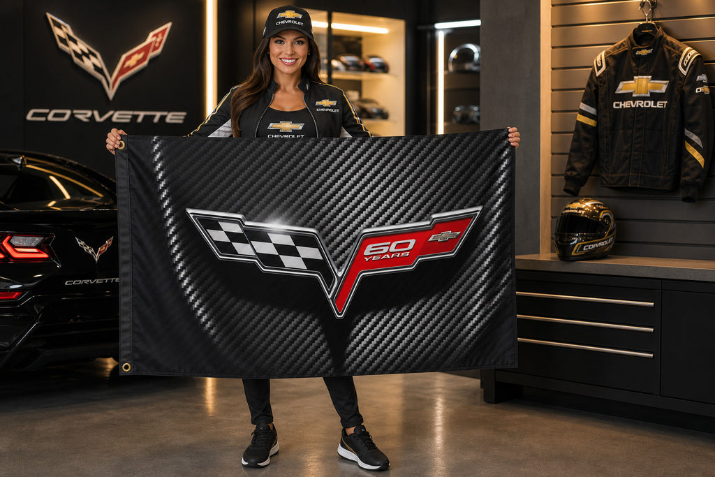 Chevrolet Corvette Fans 60th years Logo Flag Banner 3x5 Ft Garage Man Cave Wall