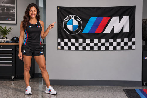 BMW M Power Flag Man Cave Checkered Banner 3x5 Ft Garage Wall Decor
