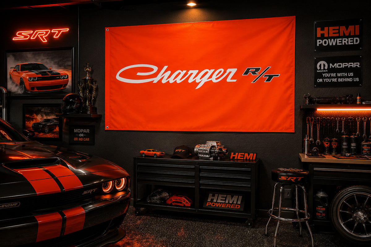 Dodge Charger R/T Orange Flag 3x5 Mopar Racing Garage Man Cave Wall Banner