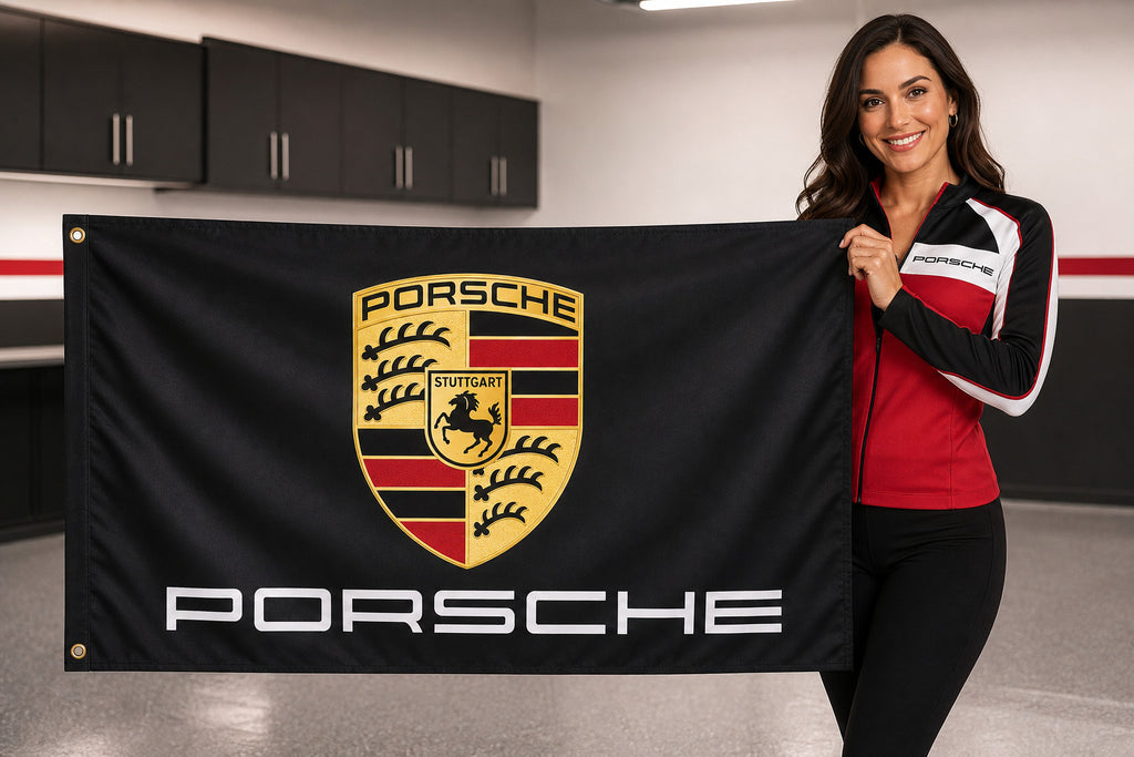Porsche Logo Flag Banner 3x5 Ft Black Garage Man Cave Wall Decor