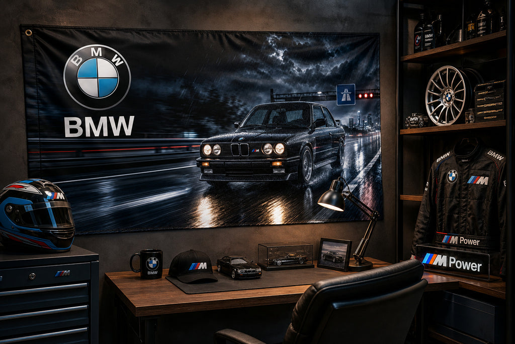 BMW M3 E30 night car logo flag banner 3x5 ft garage man cave wall decor