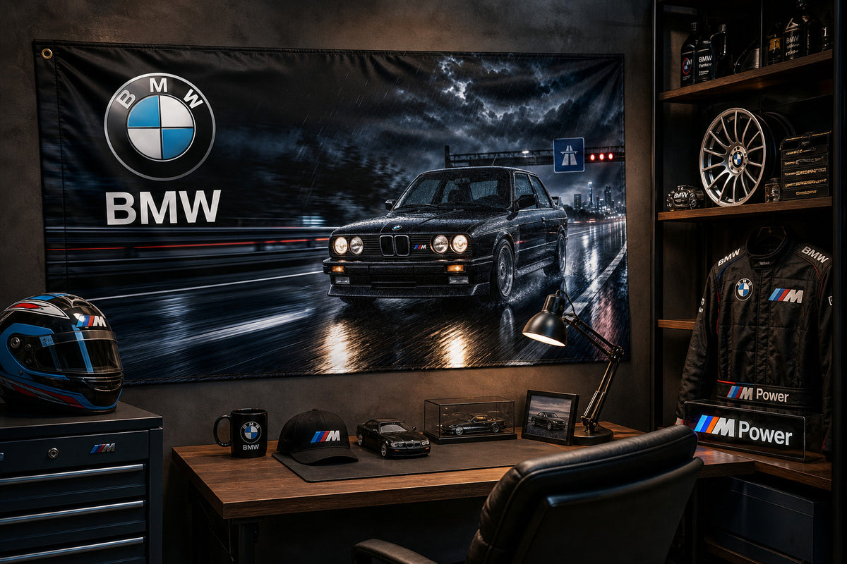 BMW M3 E30 night car logo flag banner 3x5 ft garage man cave wall decor