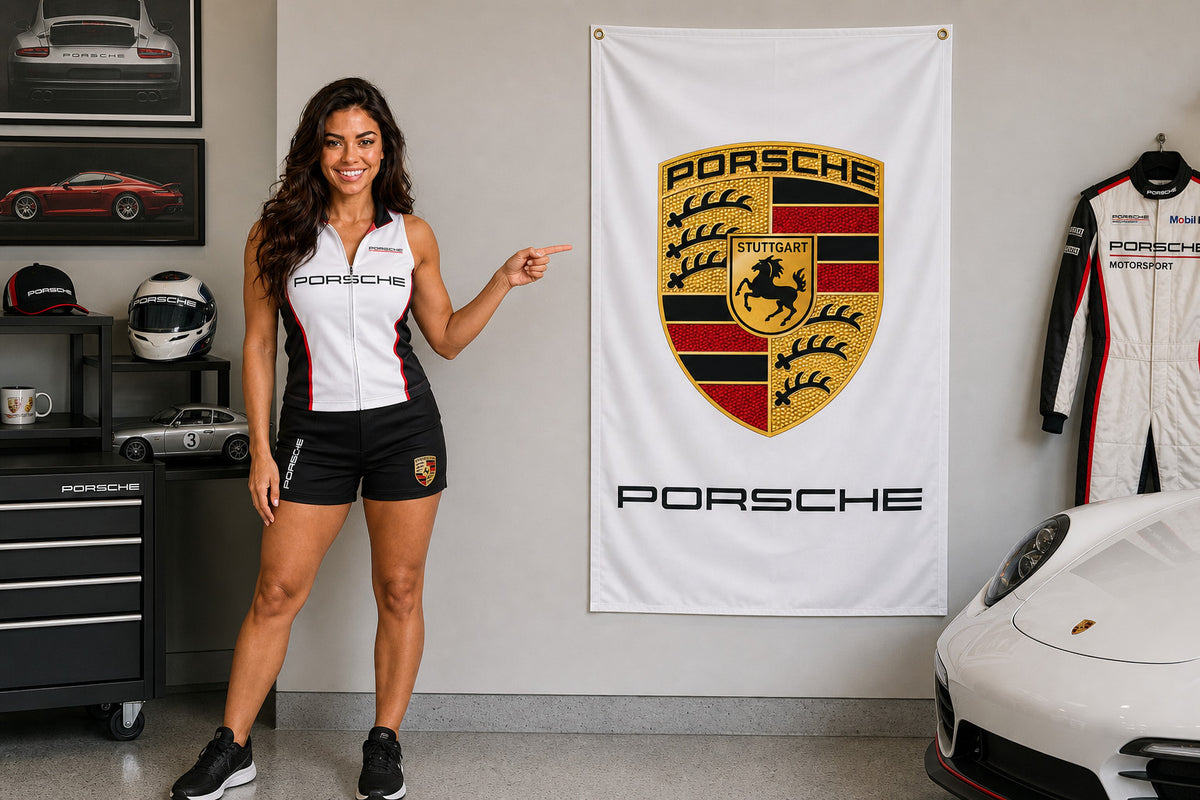 Porsche White Vertical Logo Flag Banner 3x5 Ft vertical Garage Wall Decor