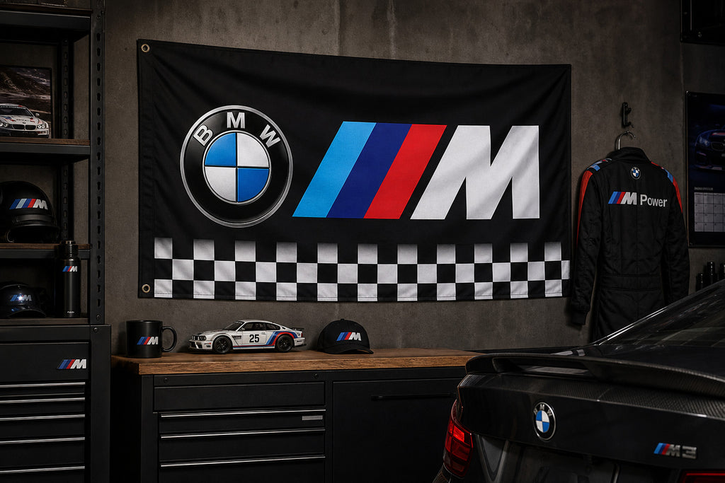 BMW M Power Flag Man Cave Checkered Banner 3x5 Ft Garage Wall Decor