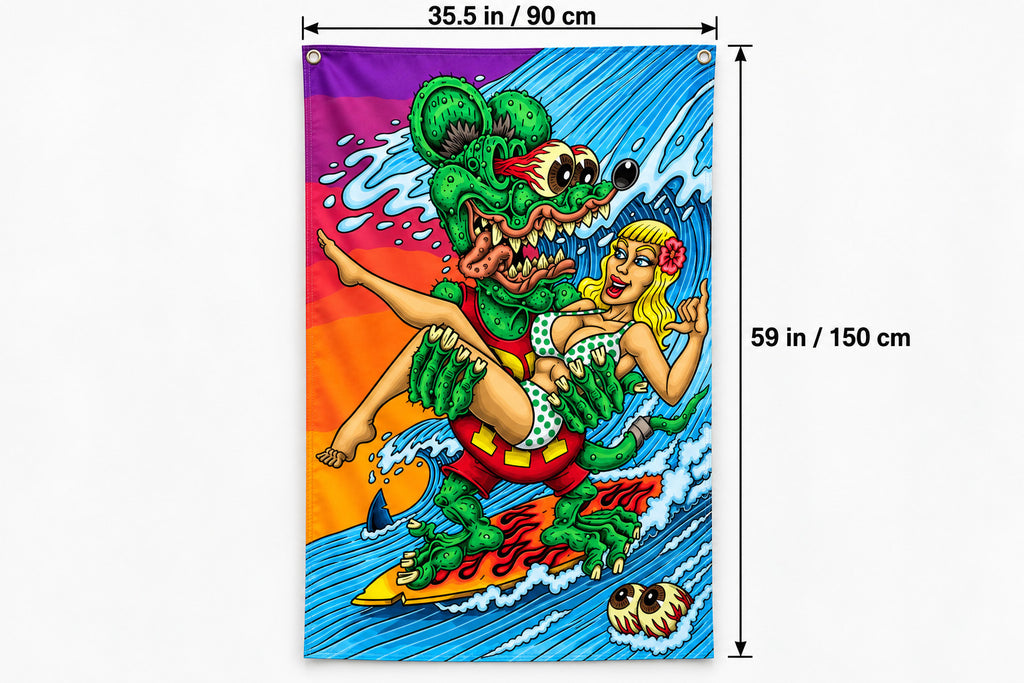 Rat Fink Surfing Flag Banner 3x5 Ft Vertical Garage Wall Decor Man Cave Garage