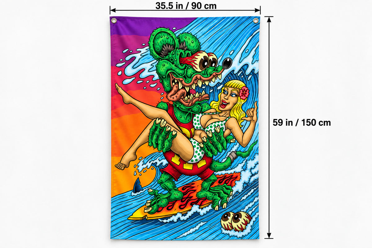 Rat Fink Surfing Flag Banner 3x5 Ft Vertical Garage Wall Decor Man Cave Garage