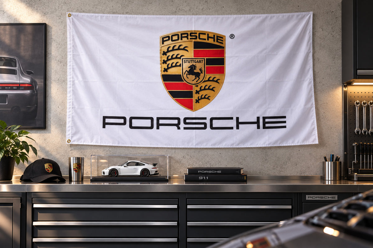 Porsche White Flag Logo Flag Banner 3x5 Ft Garage Man Cave Wall Decor