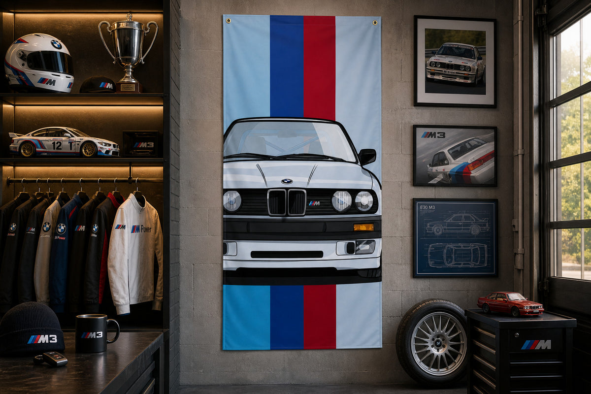 BMW M3 E30 Vintage Retro Classic Flag Banner 3x5 Ft vertical Garage Wall Decor