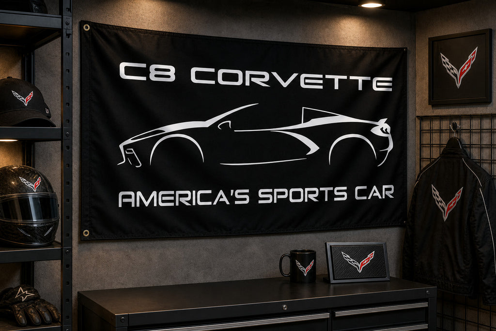 Chevrolet Corvette C8 Fans Logo Flag Banner 3x5 Ft Garage Man Cave Wall