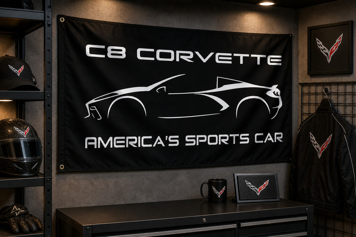 Chevrolet Corvette C8 Fans Logo Flag Banner 3x5 Ft Garage Man Cave Wall