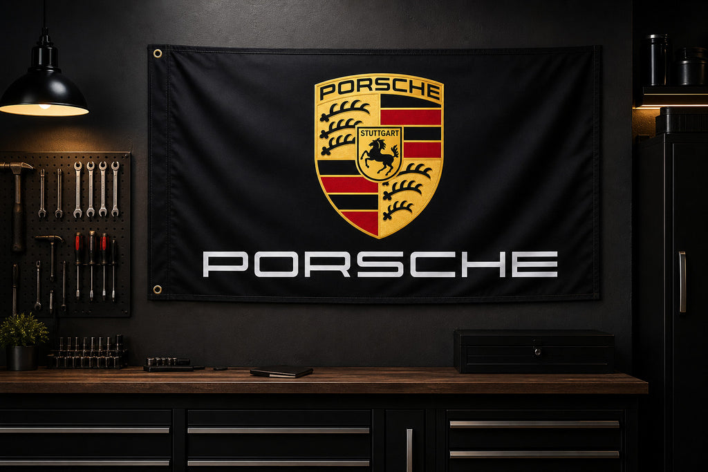 Porsche Logo Flag Banner 3x5 Ft Black Garage Man Cave Wall Decor