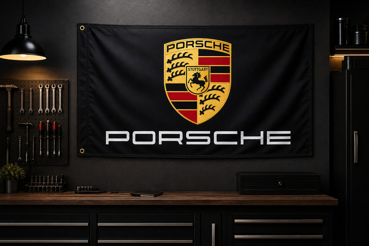 Porsche Logo Flag Banner 3x5 Ft Black Garage Man Cave Wall Decor