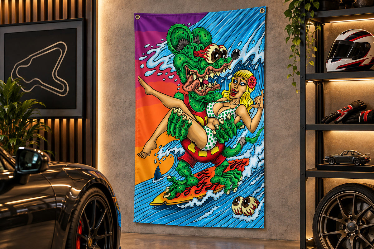 Rat Fink Surfing Flag Banner 3x5 Ft Vertical Garage Wall Decor Man Cave Garage
