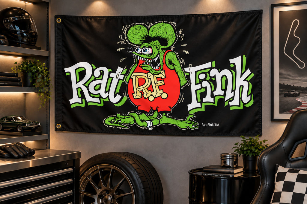 Rat Fink Racing R.F. RF Black Flag Banner 3x5 Ft Garage Wall Decor Man Cave