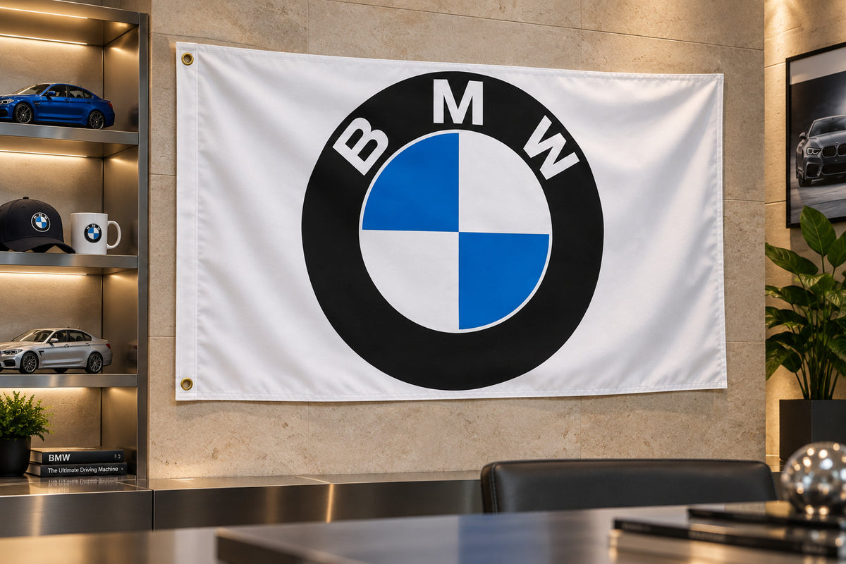 BMW White logo Flag Banner 3x5 Ft Garage Wall Decor