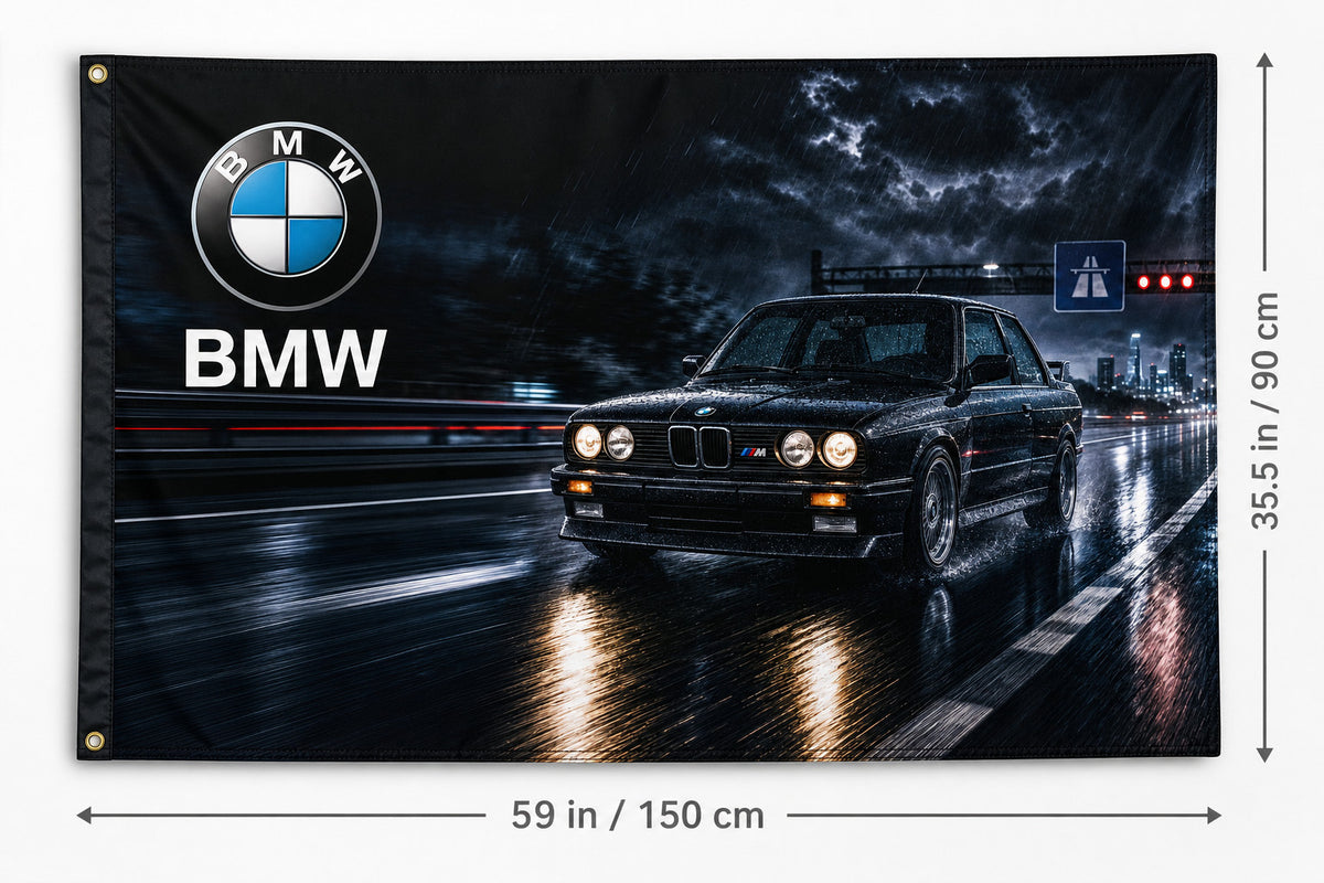 BMW M3 E30 night car logo flag banner 3x5 ft garage man cave wall decor