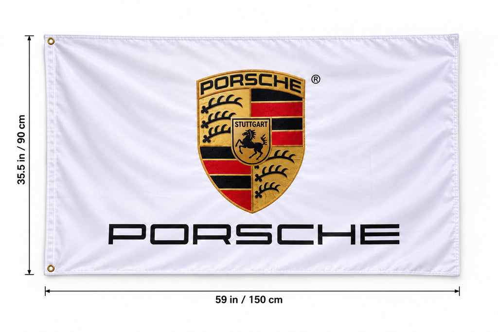 Porsche White Flag Logo Flag Banner 3x5 Ft Garage Man Cave Wall Decor