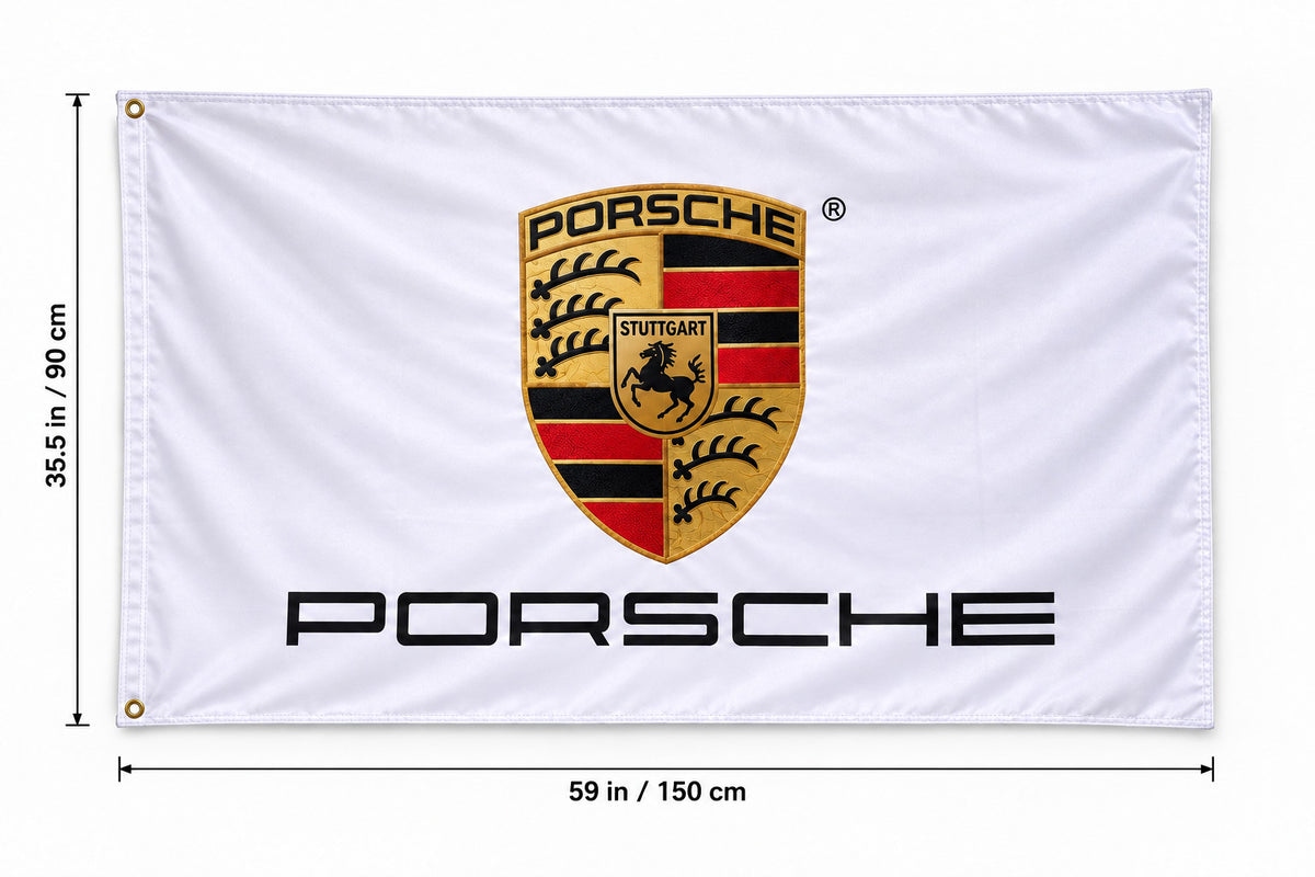 Porsche White Flag Logo Flag Banner 3x5 Ft Garage Man Cave Wall Decor