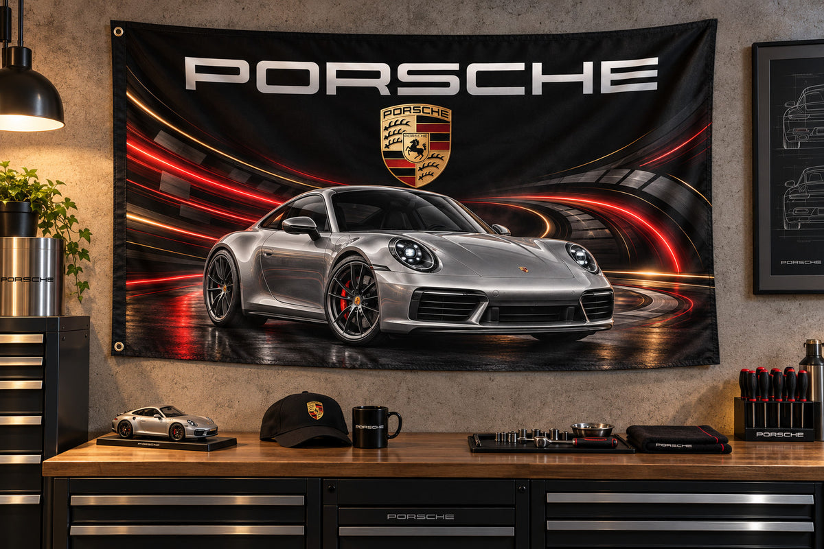 Porsche Logo Car Racing Flag Banner 3x5 Ft Garage Man Cave Wall Decor