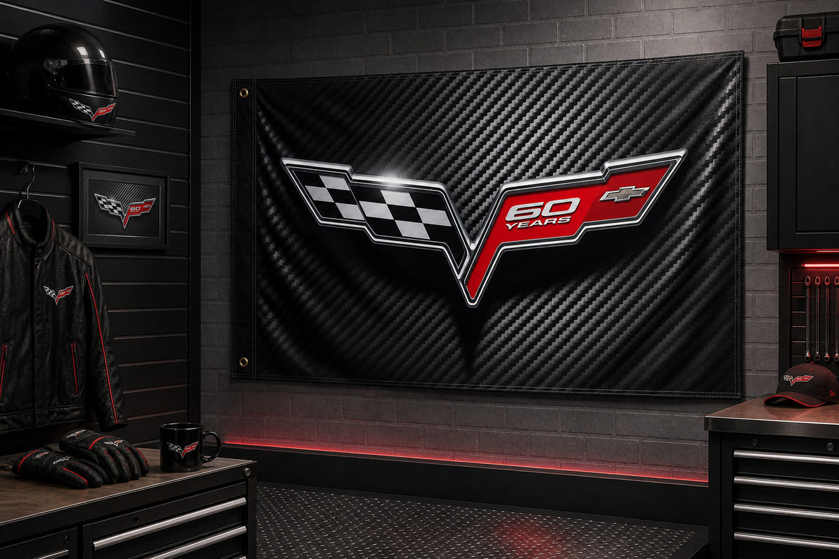 Chevrolet Corvette Fans 60th years Logo Flag Banner 3x5 Ft Garage Man Cave Wall