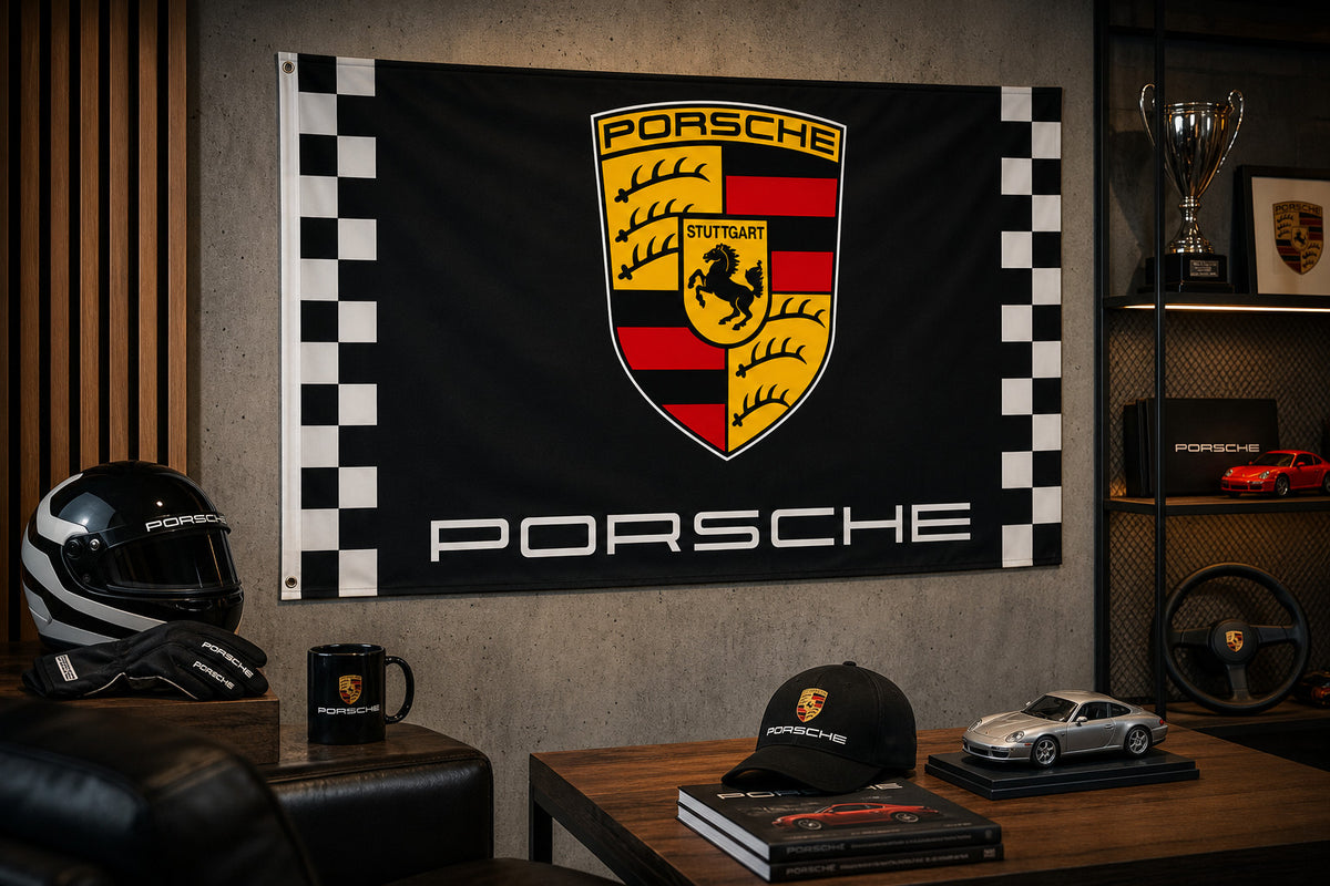Porsche Checkered Fans Logo Flag Banner 3x5 Ft Garage Man Cave Wall