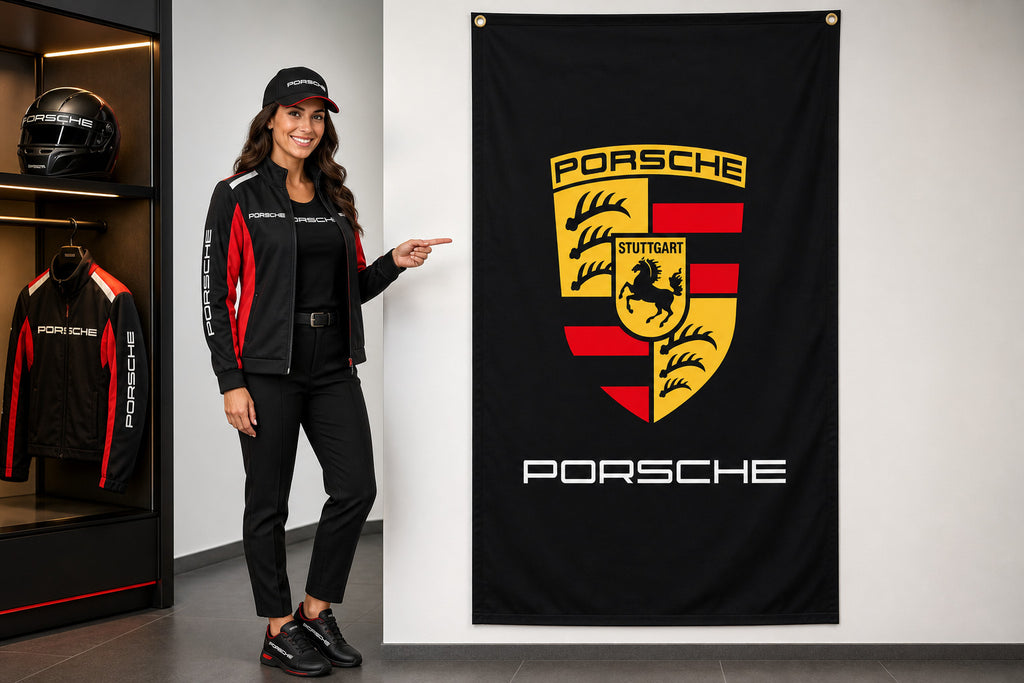 Porsche Vertical 3x5 flag Logo Flag Banner 3x5 Ft 2 brass grommets Garage Wall