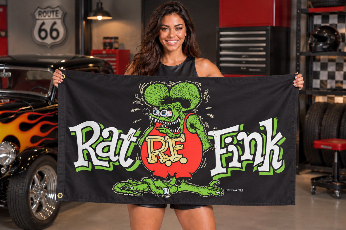 Rat Fink Racing R.F. RF Black Flag Banner 3x5 Ft Garage Wall Decor Man Cave